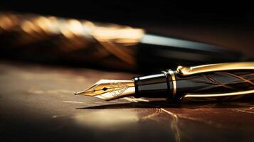 AI generated A close up shot of a shiny metal nib on a black fountain pen photo