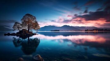 ai generado estrellado noche lago paisaje con lechoso camino galaxia reflexión foto