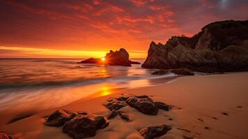 AI generated Secluded beach with sunrise and reflection in fiery water photo