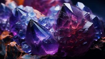 AI generated A closeup of various crystals and gemstones, with different shapes, colors, and textures photo