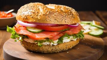 ai generado rosquilla en capas con ahumado salmón y crema queso foto