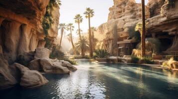 AI generated Canyon and oasis background with greenery and water photo