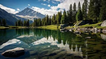 AI generated A scenic view of a clear lake in the alps with lush vegetation and snowy peaks photo