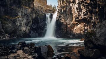 ai generado cascada en rocoso cañón con turquesa agua foto