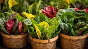 AI generated Overflowing baskets showcasing a variety of colorful and vibrant chard leaves photo