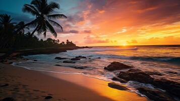 ai generado vibrante puesta de sol y tropical playa a oscuridad en naturaleza foto