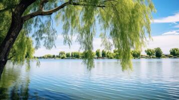 ai generado todavía lago con llanto sauce arboles en escénico ver foto