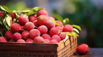 AI generated Woven basket filled with juicy, ripe lychees photo