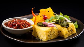 ai generado vibrante plato de picante dhokla con chatney foto