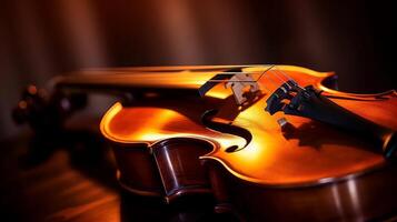 AI generated The strings and bow of a violin in closeup, with a blurred background of sheet music photo