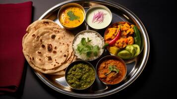 ai generado un gastos generales ver de un vistoso thali con diferente tipos de curry, pepinillos, y Roti foto