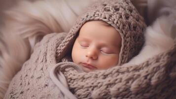ai generado un pacífico recién nacido bebé acurrucarse en un acogedor capullo hecho de de lana hilo foto