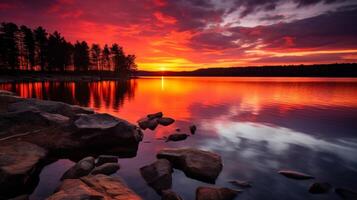 ai generado pacífico lago y puesta de sol en dramático ambiente foto