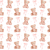 Coquette seamless pattern teddy bear with ribbon bow pink png