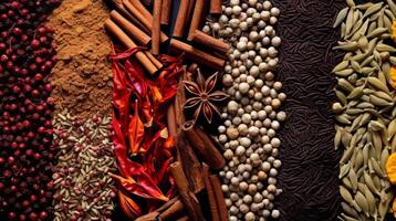 AI generated A close up of various types of spices, with different colors, shapes, and textures photo