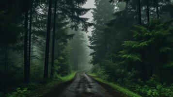 AI generated A beautiful view of a foggy forest with golden rays of sun breaking through the canopy photo