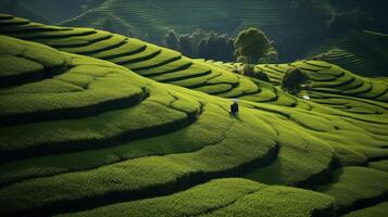 ai generado un té plantación con un hermosa ver de verde campos y un claro cielo foto