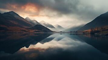 AI generated Beautiful landscape image of lake district with reflection in water at sunrise photo
