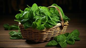 AI generated Basket brimming with fresh baby spinach photo