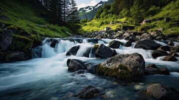 ai generado cascada cascadas y montaña río en remoto zona foto