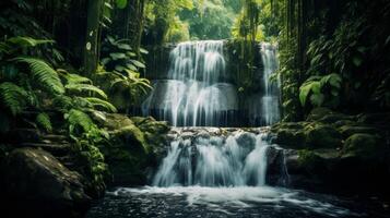 ai generado un majestuoso cascada de agua se sumerge desde un alto acantilado dentro un piscina abajo foto