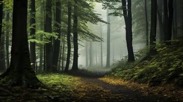 AI generated A mysterious and tranquil view of a quiet fog shrouded forest with green trees and mist photo