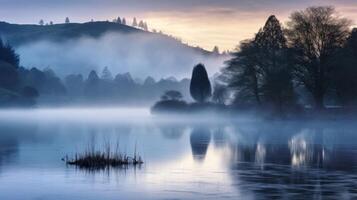ai generado pacífico lago y niebla a amanecer en natural ambiente foto