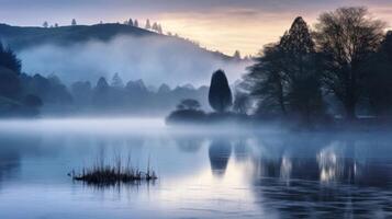 AI generated Peaceful lake and mist at dawn in natural environment photo