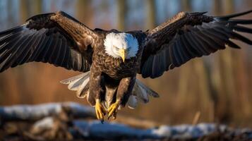 ai generado el majestuoso calvo águila cómo eso se eleva y caza en el cielo foto