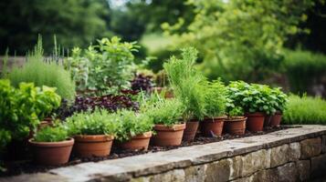 ai generado bien mantenido hierba jardín con diverso plantas foto