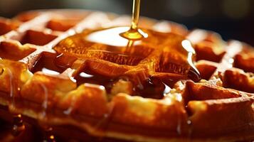 AI generated Syrup drizzling on a close up of a golden brown waffle photo