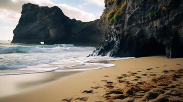 AI generated Rugged cliffs and crashing waves at a secluded beach background photo