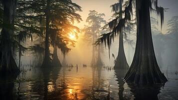 ai generado un pantano con ciprés arboles y niebla creando un natural belleza foto