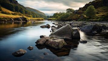 AI generated Beautiful river in rocky terrain with clouds photo