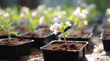 ai generado Cereza árbol plántulas adornado con pequeño blanco flores foto