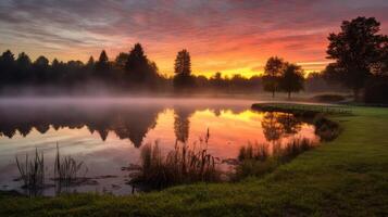 ai generado amanecer serenidad terminado un pacífico granja estanque foto
