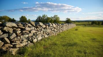 ai generado pintoresco granja ajuste con un Roca Perímetro pared foto