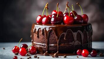 AI generated beautiful cake with chocolate and cherries photo