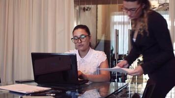 A team of two young beautiful business girls in glasses discussing a business project in the office. video