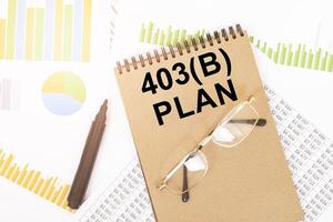 403b Plan message on a notebook with financial charts and a brown marker. photo