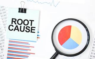 Note paper with ROOT CAUSE text and magnifying glass over pie chart. Problem-solving and analysis concept in business photo