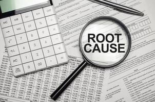 Magnifying glass focusing on ROOT CAUSE text over financial documents with calculator. Analytical research and problem-solving concept in finance. photo