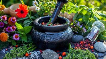 AI generated Mortar and pestle with herbs and flowers on stone background photo