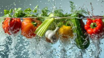 AI generated Fresh vegetables falling into water with splash. Tomato, parsley, garlic. Food background photo