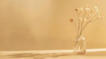 AI generated Dried flowers in glass vase on beige background with shadow. photo
