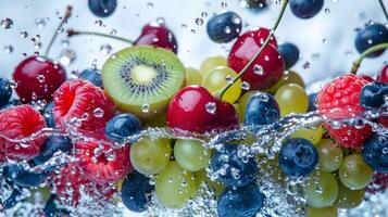 AI generated Fruits and berries in water splashes. Healthy food concept photo