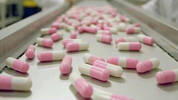 AI generated Tubes of pink and white capsules on conveyor belt in factory photo