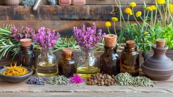 AI generated Herbs and spices in glass bottles on wooden background. Herbal medicine. photo