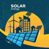 vector illustration of solar panels, wind turbines, battery storage, high voltage electricity power transmission grid and city skyline.