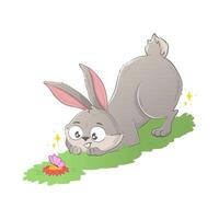 funny Easter bunny quietly watches a butterfly on the lawn. Holiday doodle character isolated on white background. vector